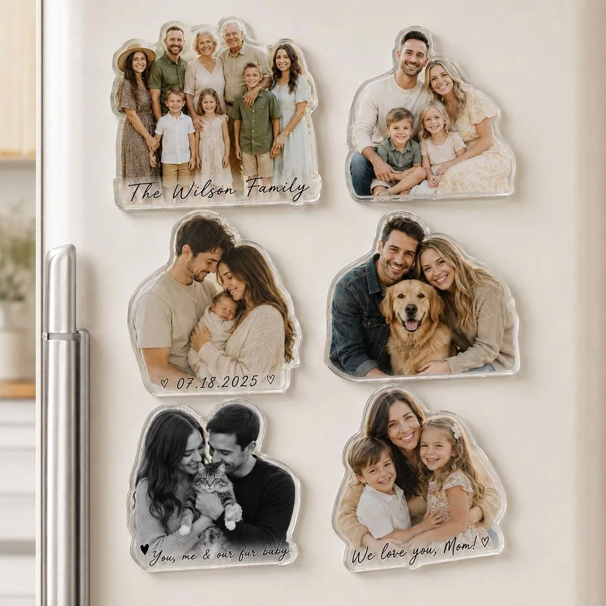 Die-cut photo magnets featuring family and couple portraits on a cream fridge