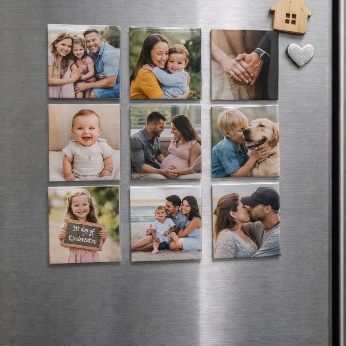 Nine rectangular custom photo magnets arranged in a 3x3 grid with text overlays