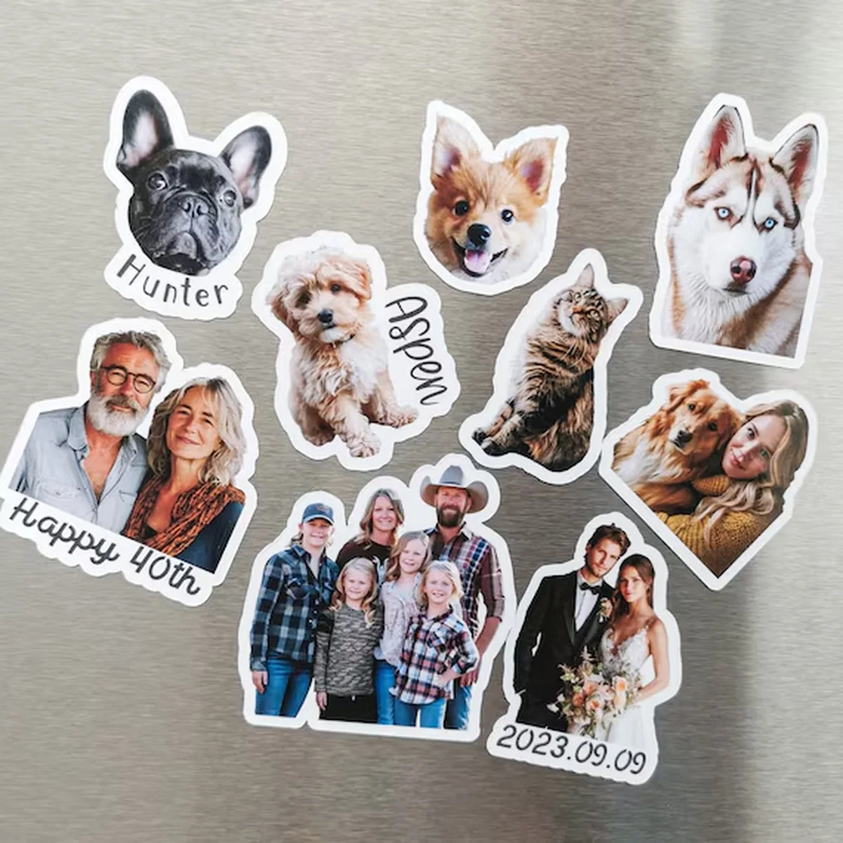 Four die-cut pet photo magnets on a white surface with names and bone or bow tie