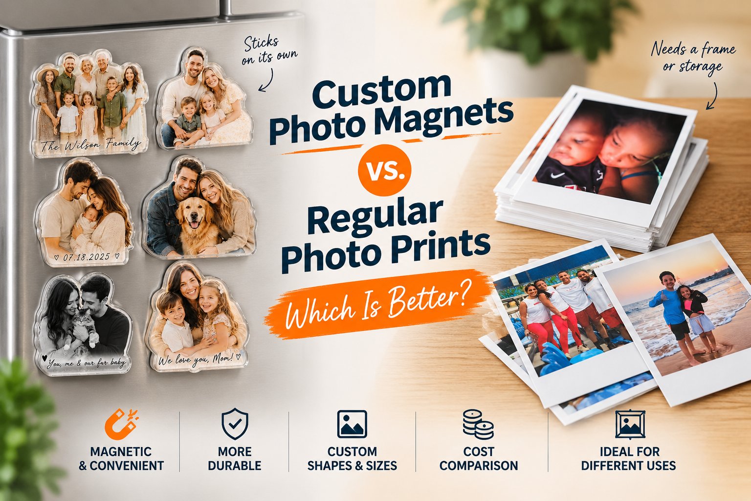 Custom photo magnets compared to regular photo prints side by side