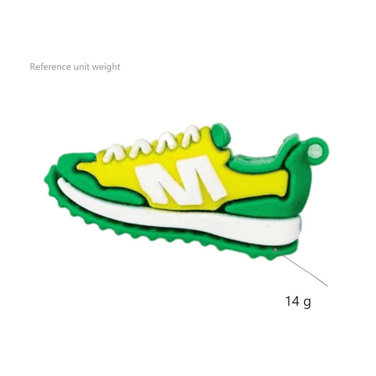 PVC sneaker keychain shown with its 14 g unit weight