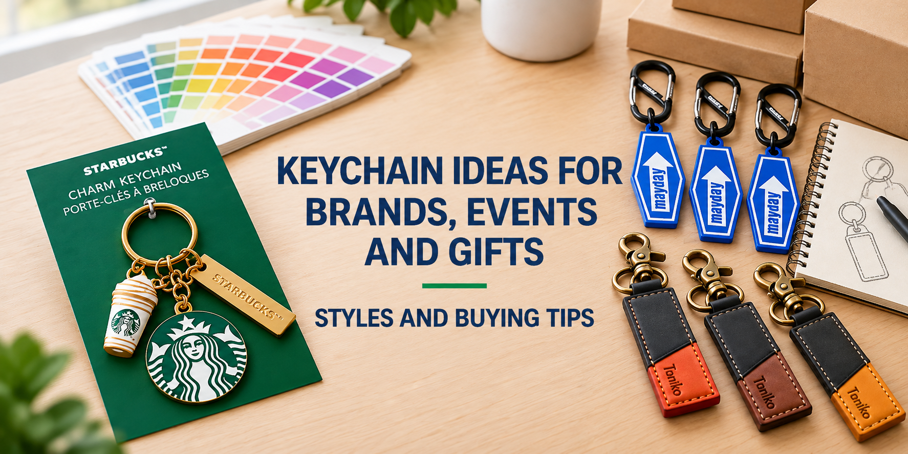 A Starbucks-style green bag charm keychain with a miniature coffee cup, gold-tone ring, and an engraved rectangular plate — a premium branded merch example