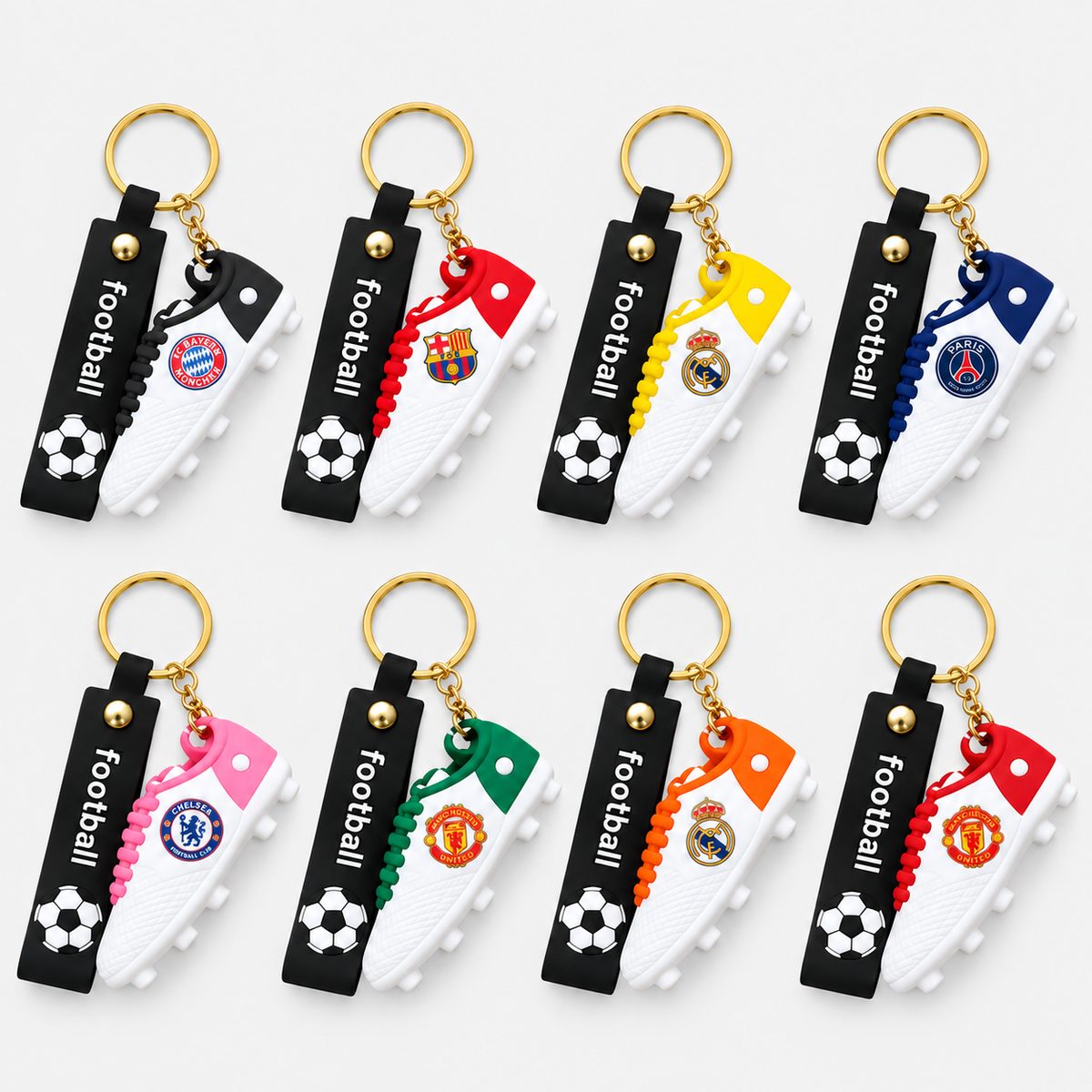 Eight football shoe key rings in different team colors with football straps