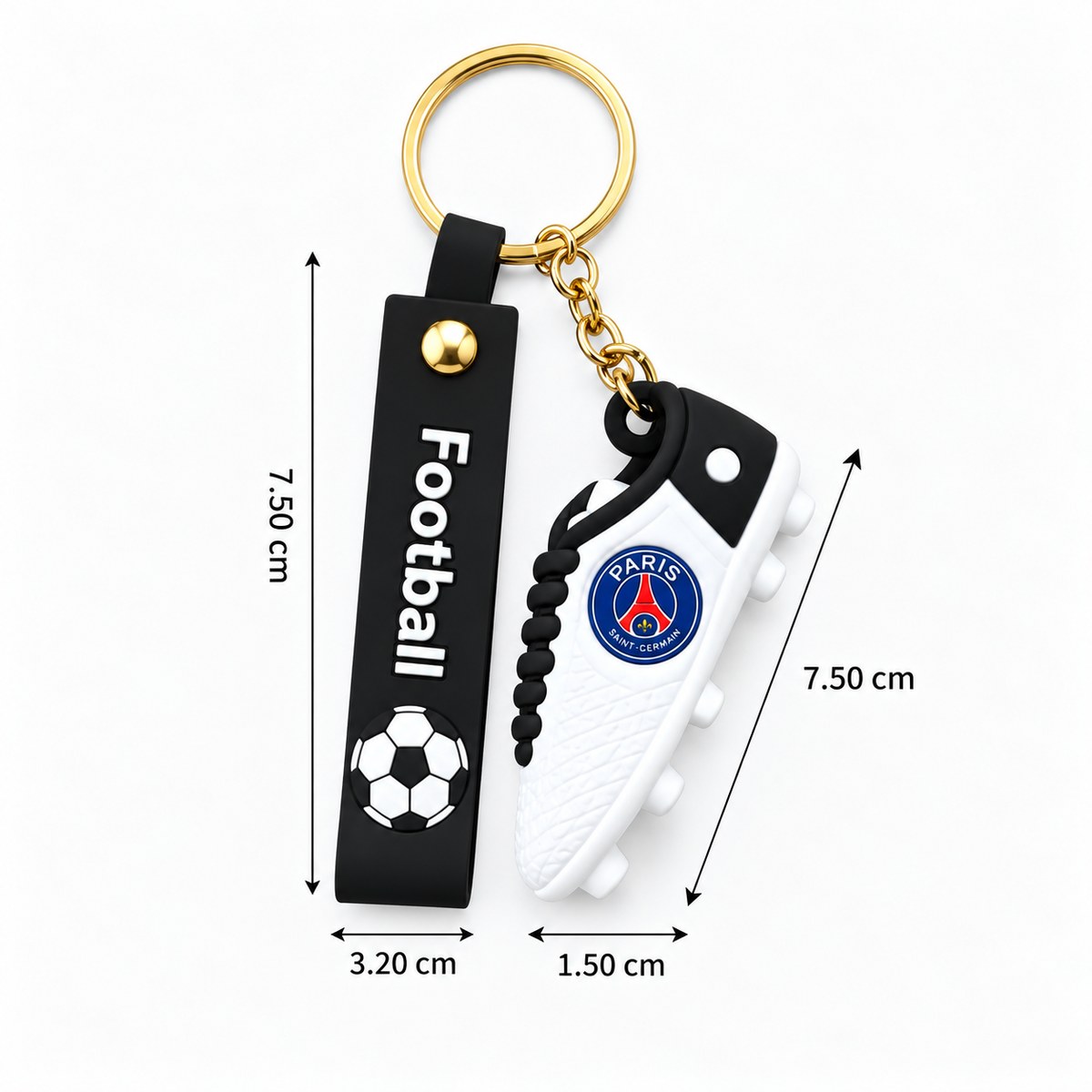 Football shoe keychain size diagram showing boot length 7.5 cm and width 3.2 cm