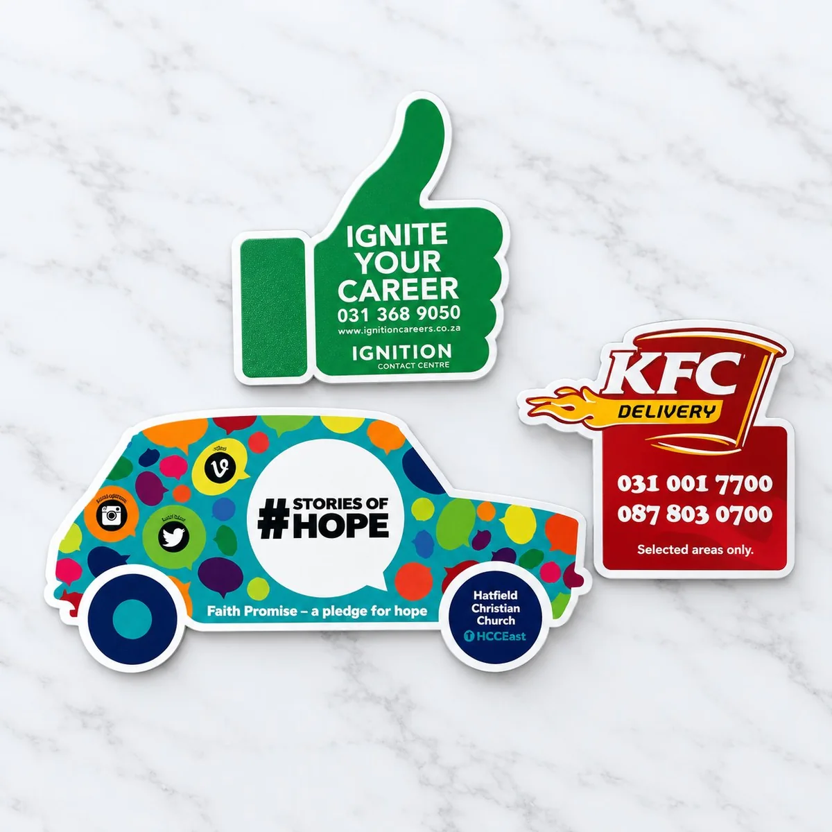 Custom-shape business fridge magnets including thumbs-up, KFC delivery and church van shapes