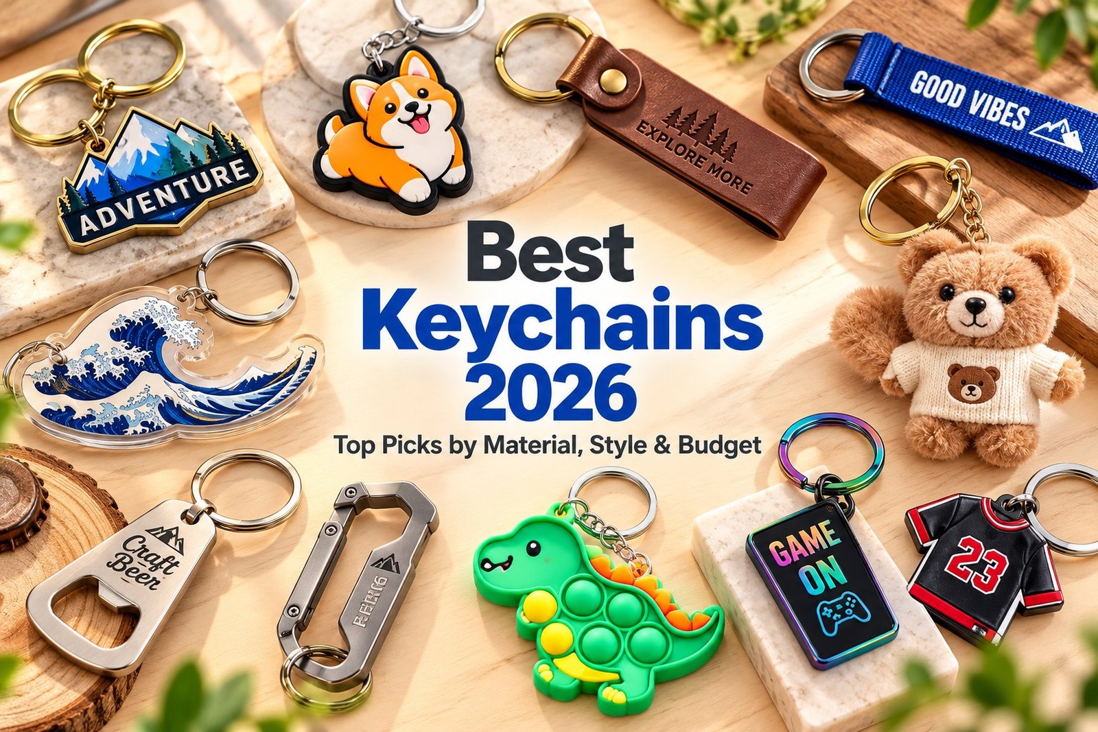 A spread of 12 different custom keychain types laid out flat — metal tags, PVC 2D shapes, plush charms, woven wristbands, and leather straps