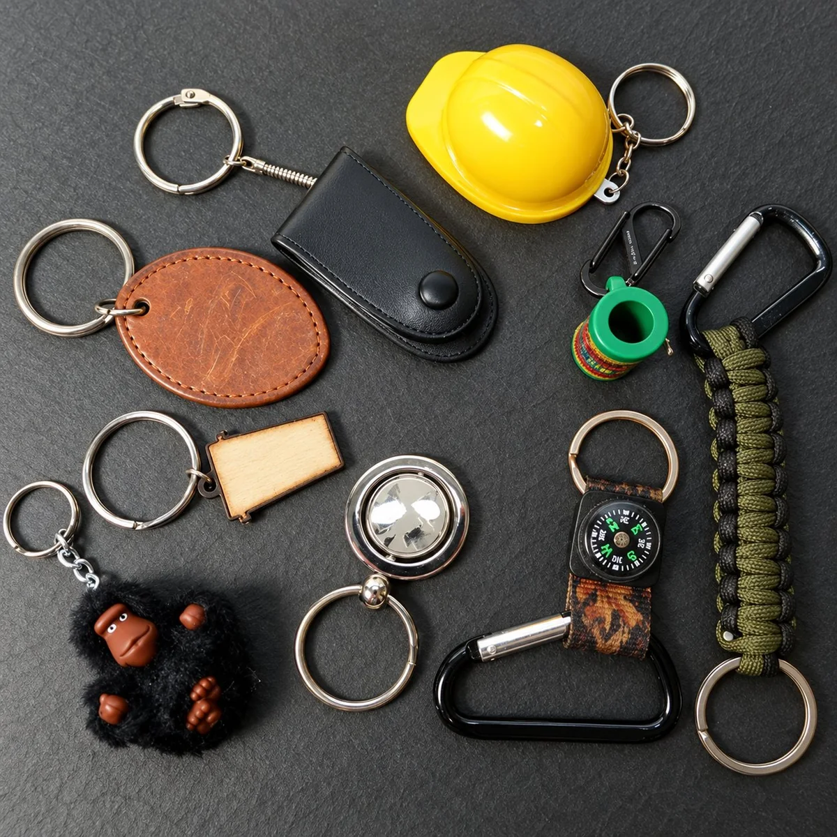 Dark flat-lay of functional keychains — a black flashlight