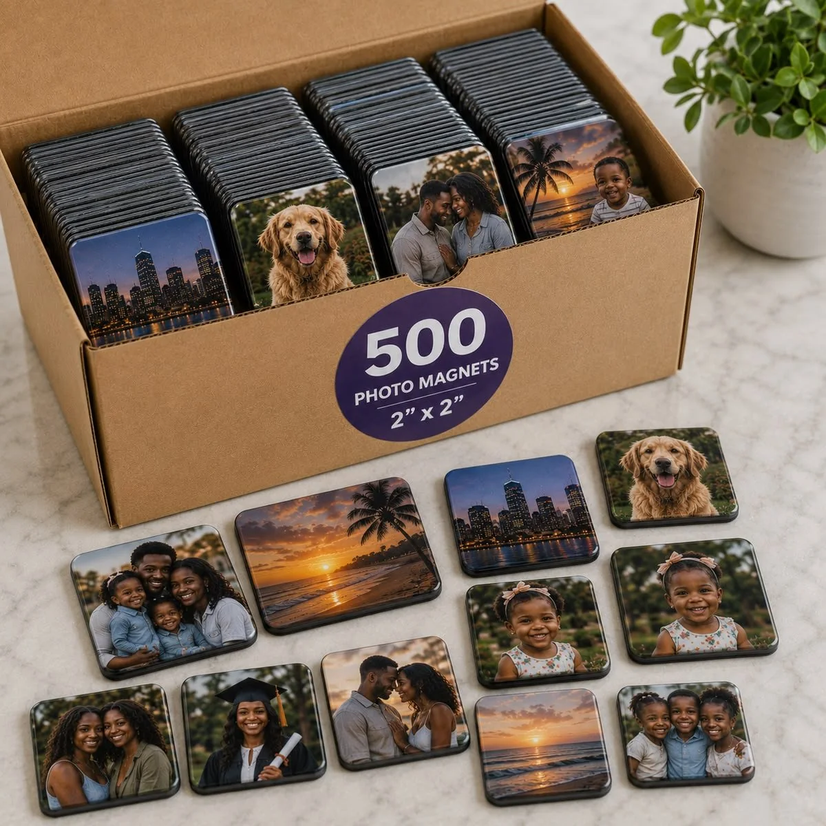 Bulk 500-piece photo magnet order packed in a brown shipping box