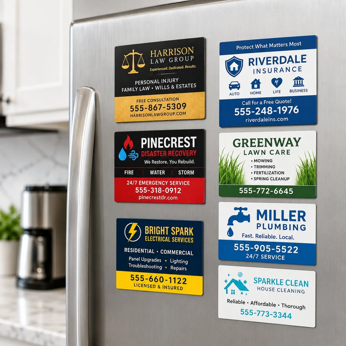 Six local business fridge magnets arranged on a stainless refrigerator including law, insurance, plumbing, electrical and lawn care