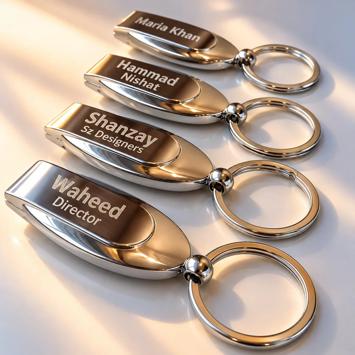 Engraved chrome metal name-tag keychains — laser-etched names and titles on plated zinc alloy