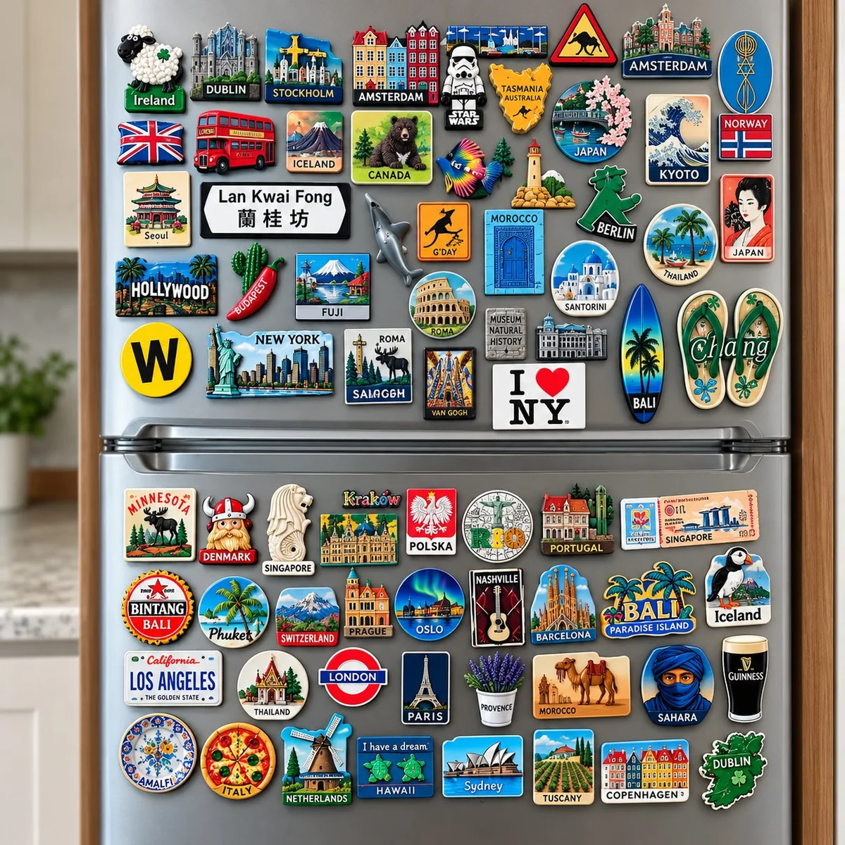 Fridge fully covered in city and country souvenir magnets from around the world