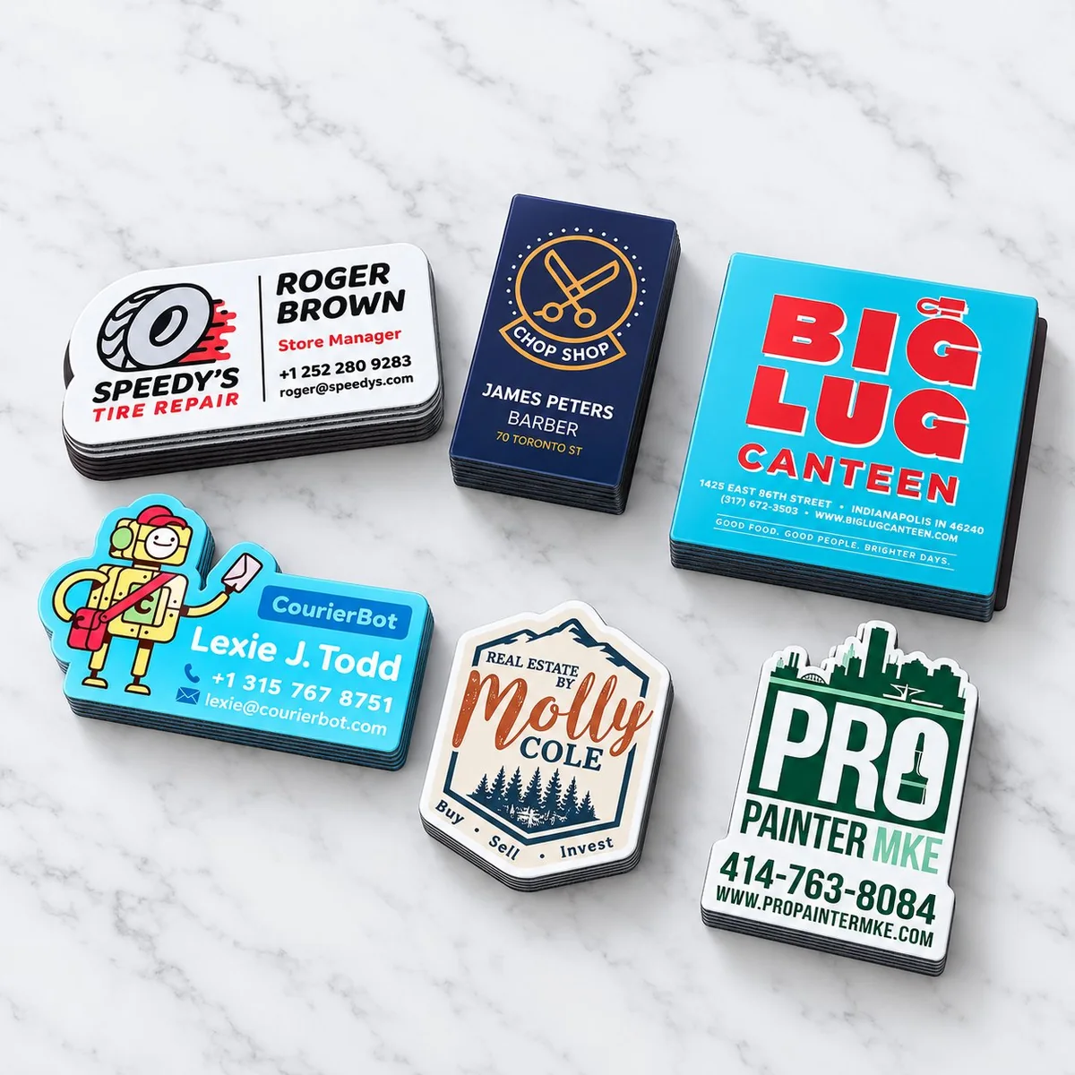 Five custom die-cut business card magnets for tire repair, barber, restaurant, courier and real estate