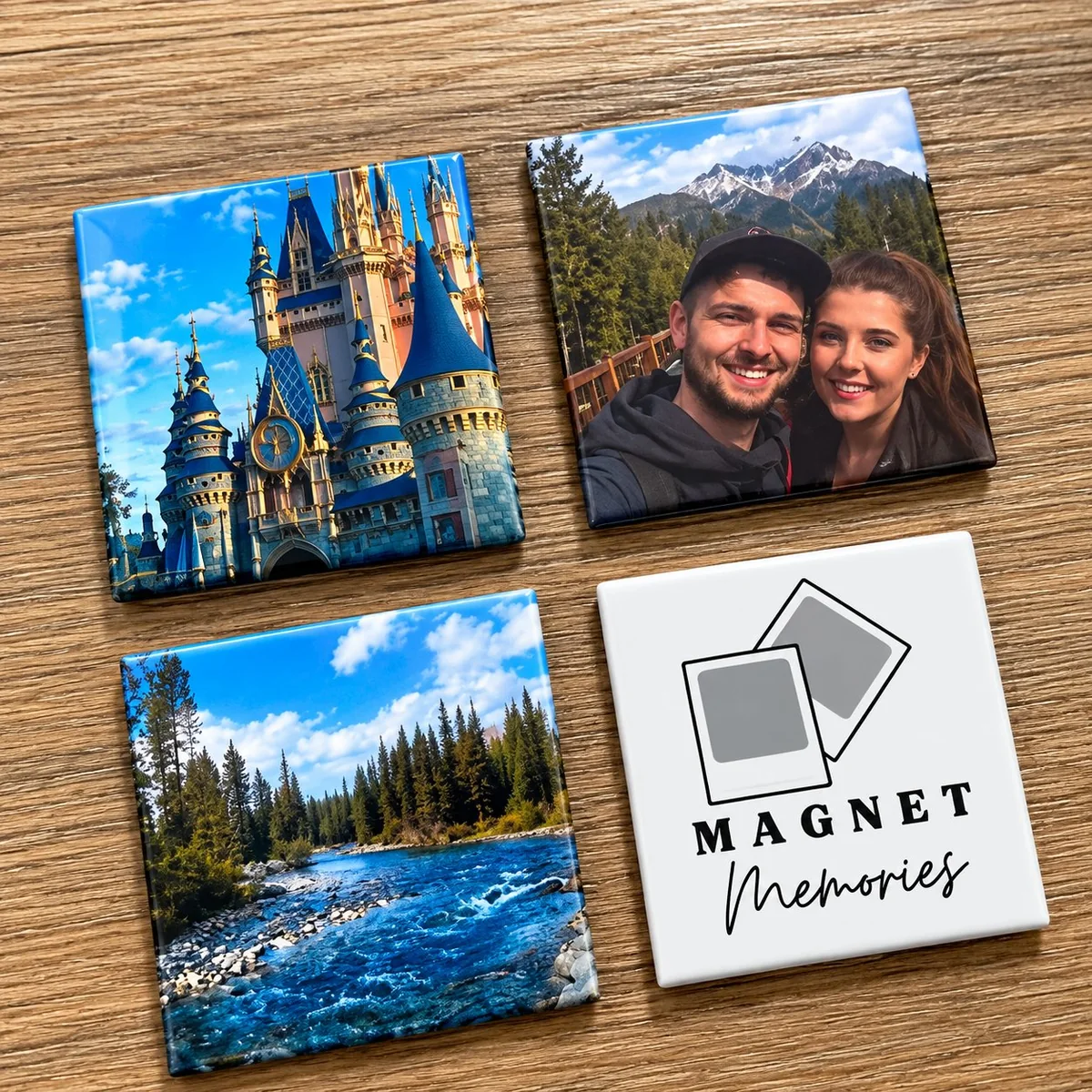 Four square photo fridge magnets showing castle, couple portrait, river scene, and Magnet Memories branding