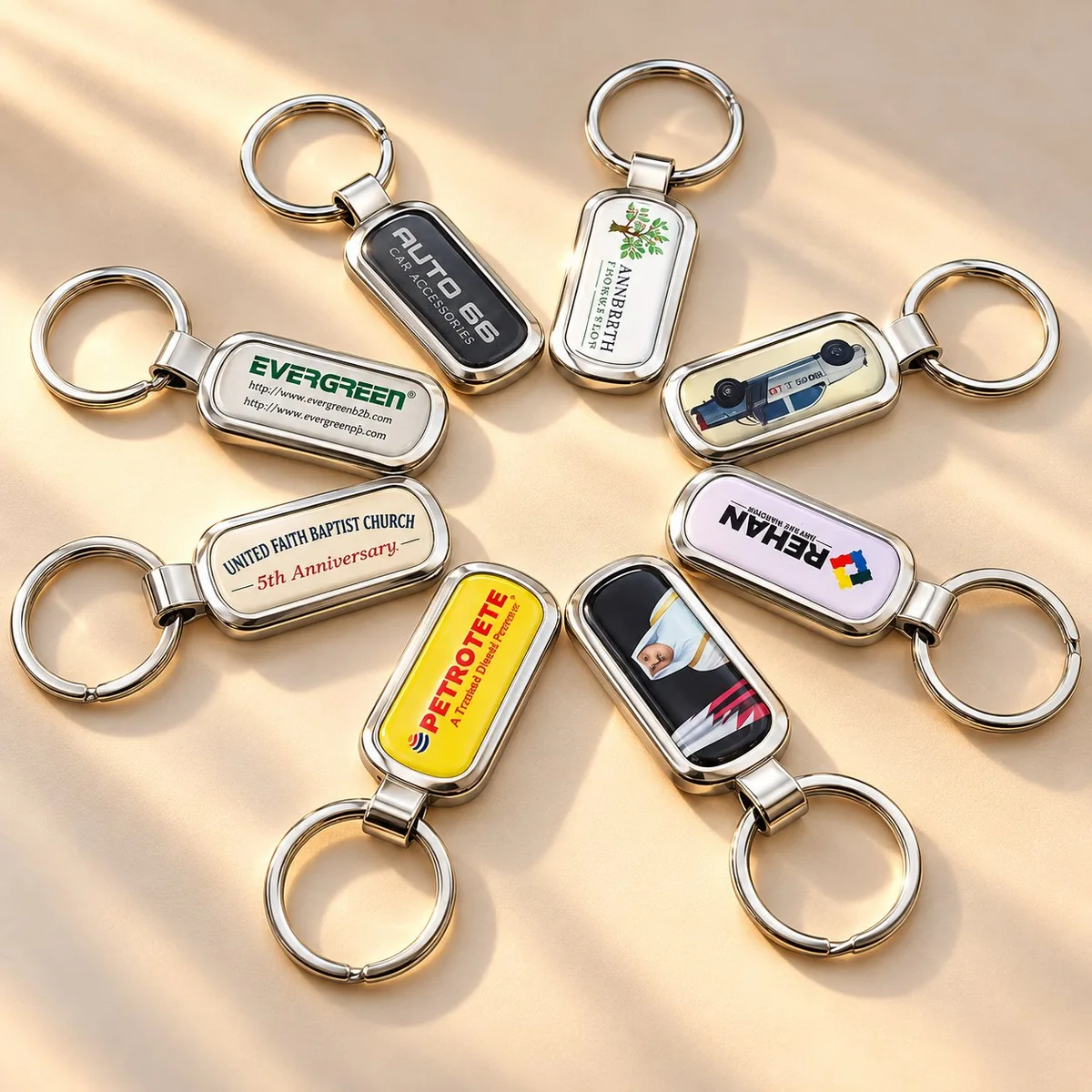 Chrome metal rectangular tag keychains — full-color logo inserts on plated metal bodies