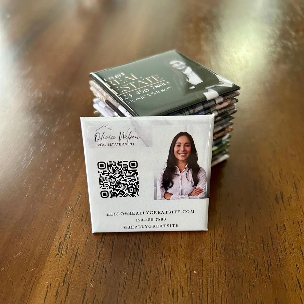 Real estate agent business card magnet with photo, QR code and contact info