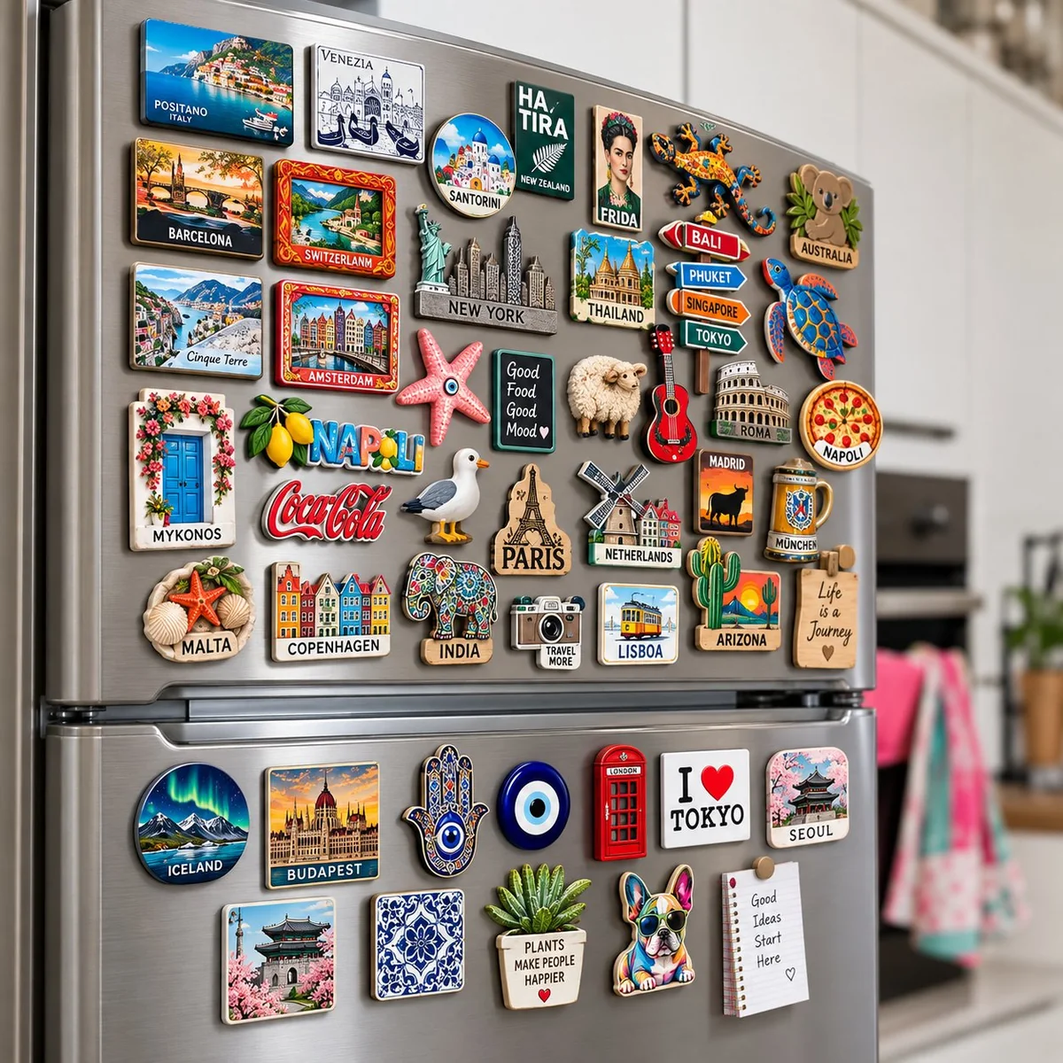 Fridge covered in mixed souvenir magnets including cities, landmarks and collectible shapes
