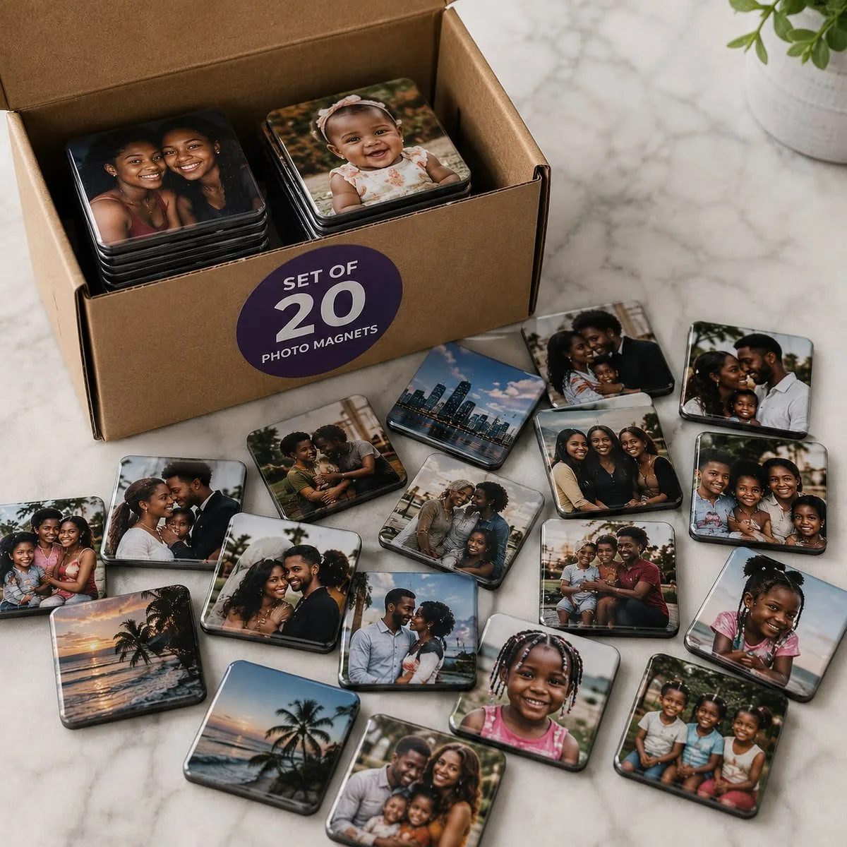 Set of 20 personalized photo magnets arranged around a kraft packaging box