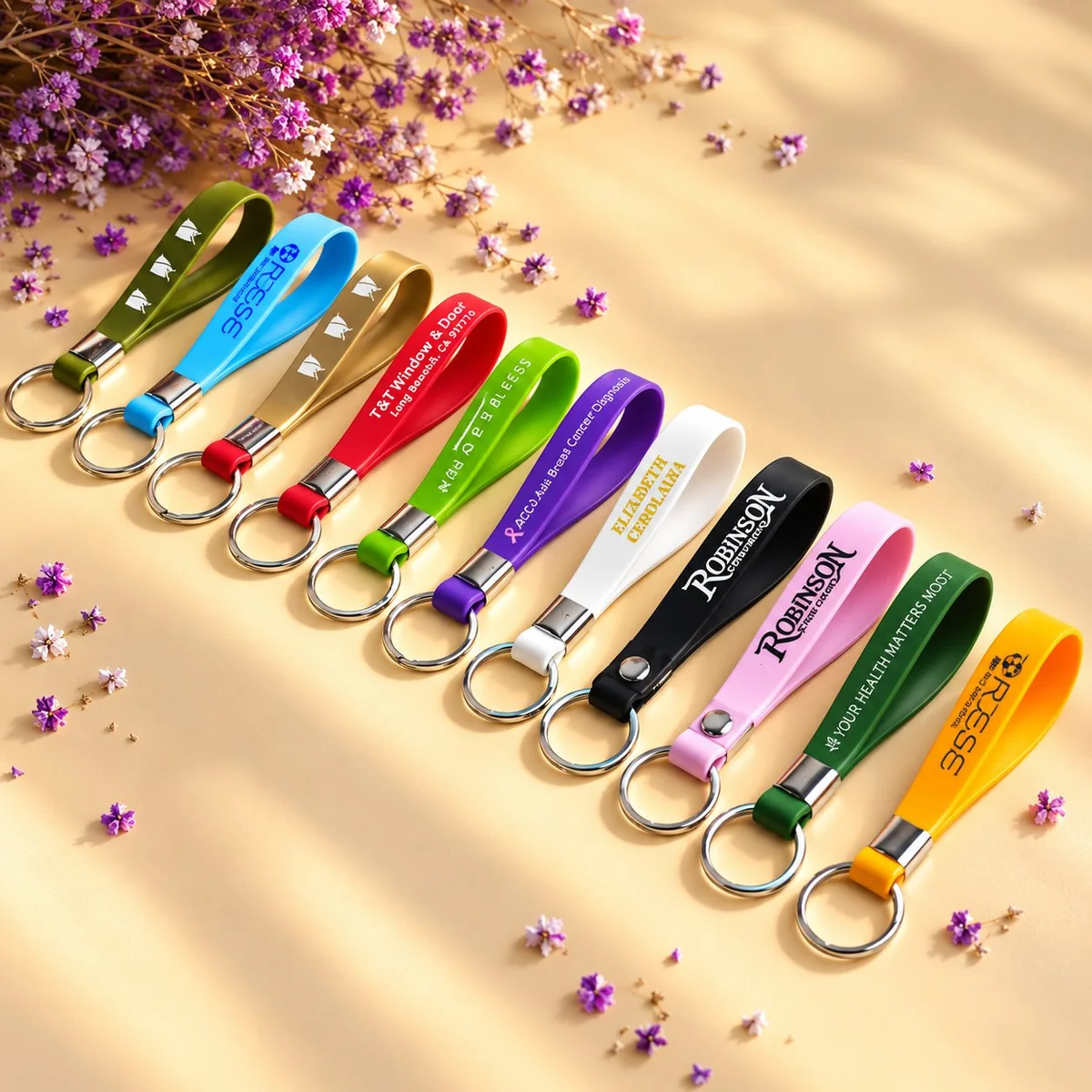 Custom PVC wristband keychains — solid-color straps with branded text and split-ring ends