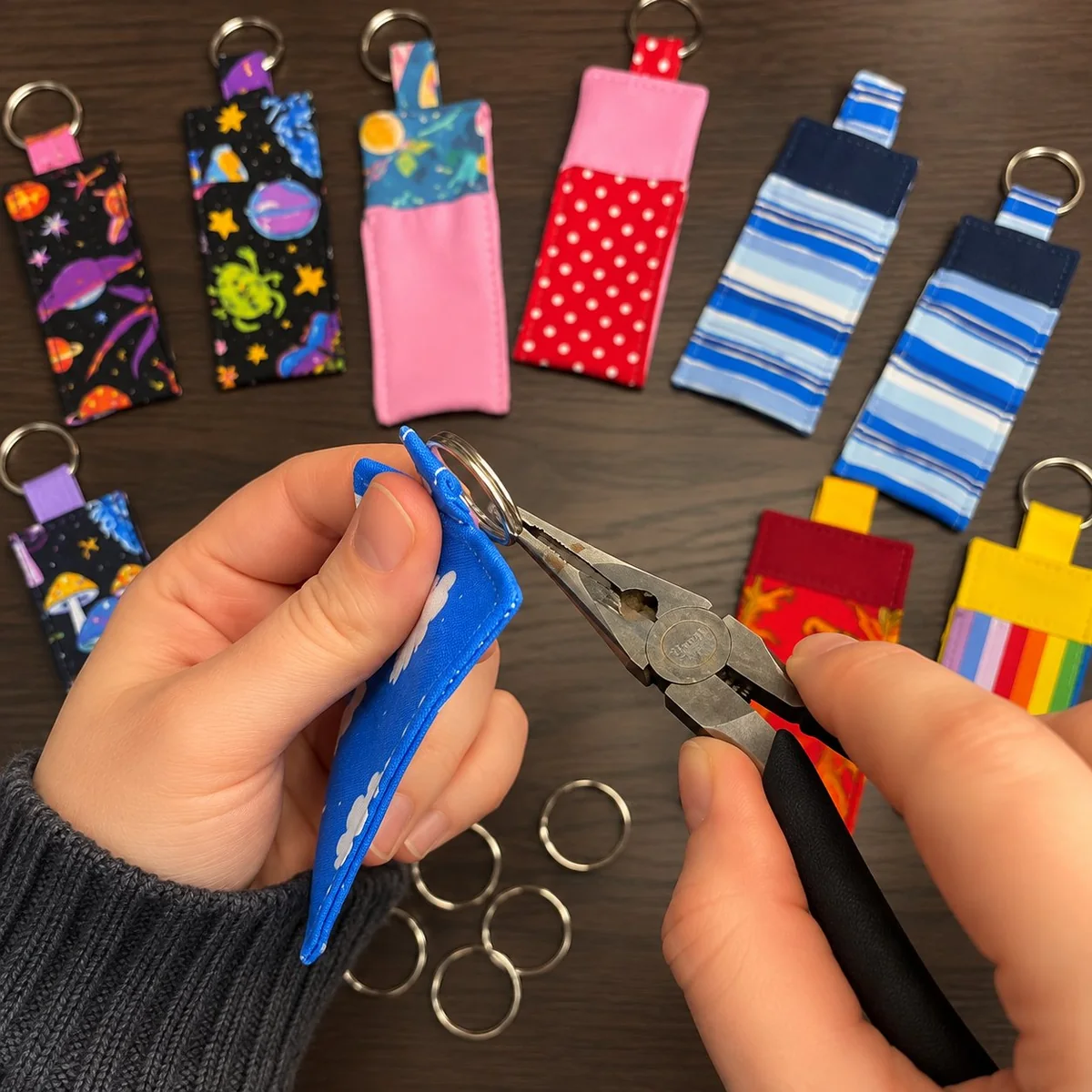 Flat-nose pliers prying open the split ring on a blue cloud-shaped fabric keychain — slow controlled pressure at the gap is what lets you add or swap the attachment point without bending the ring.