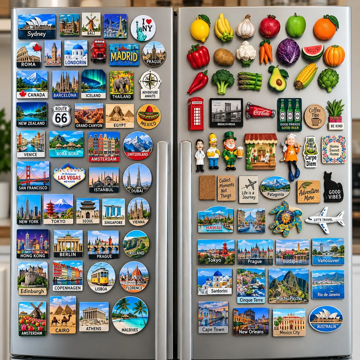 Two side-by-side fridges displaying a mix of city souvenir magnets and novelty specialty magnets including food, characters and quote designs