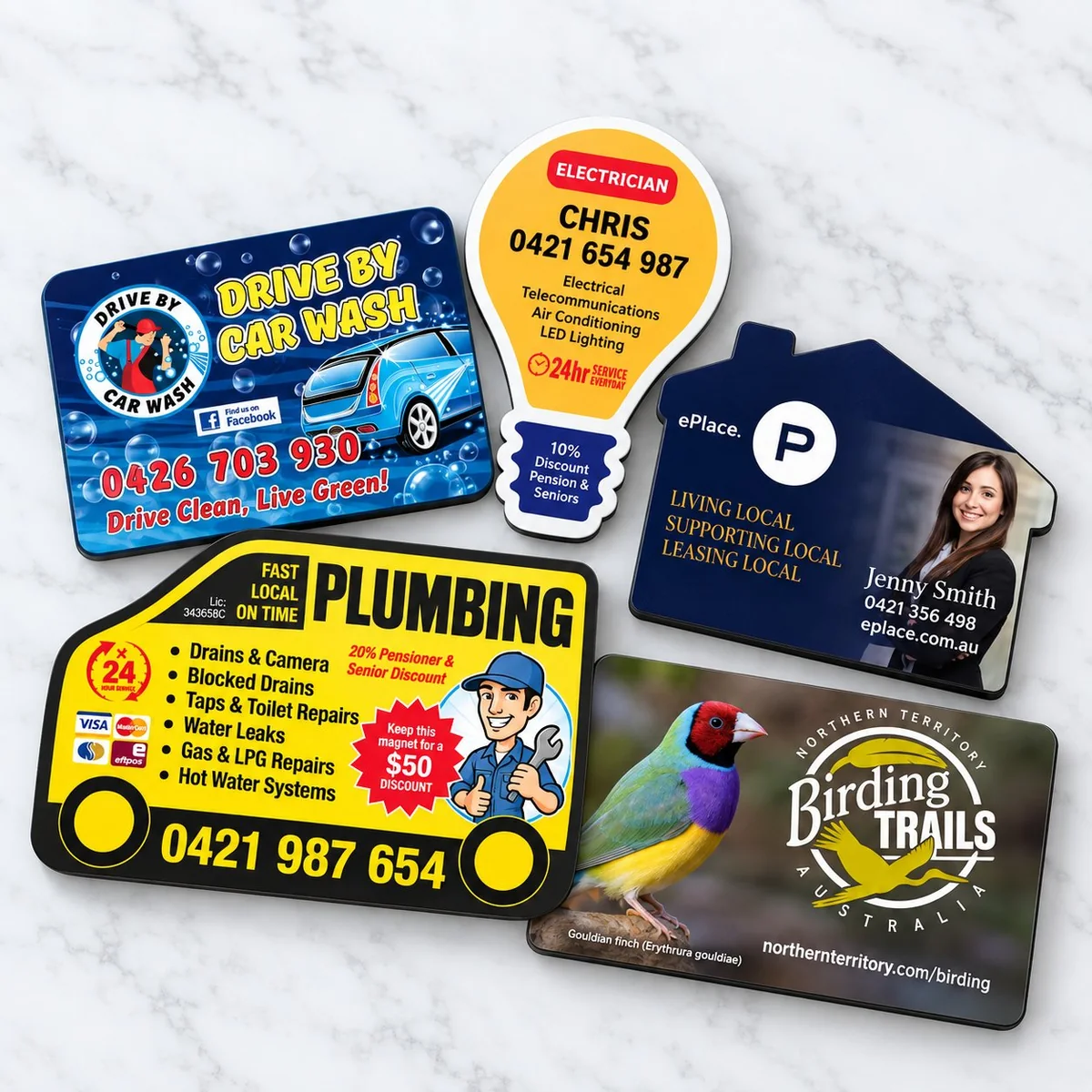 Custom-shape business magnets including plumbing truck, electrician lightbulb and property leasing house
