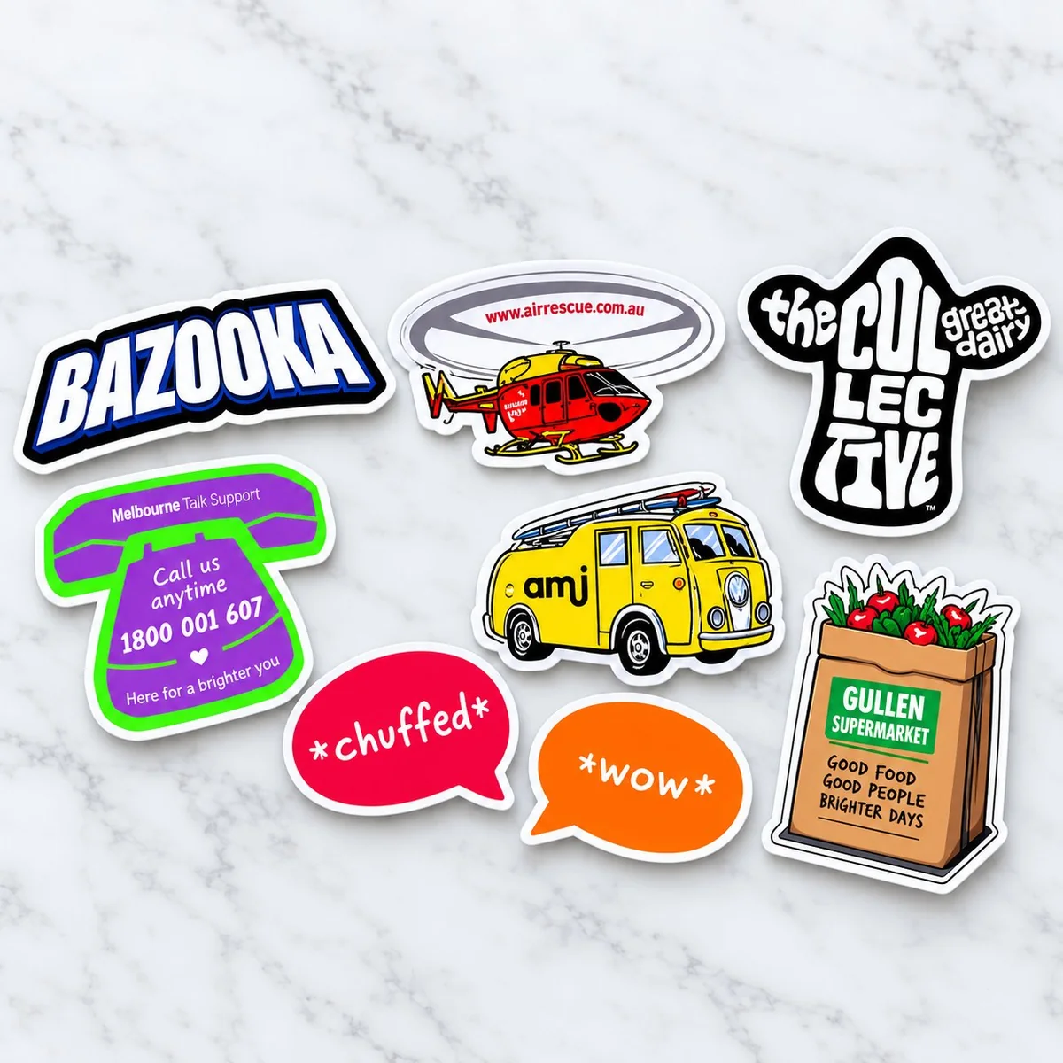 Brand die-cut fridge magnets including helicopter, van and supermarket bag shapes