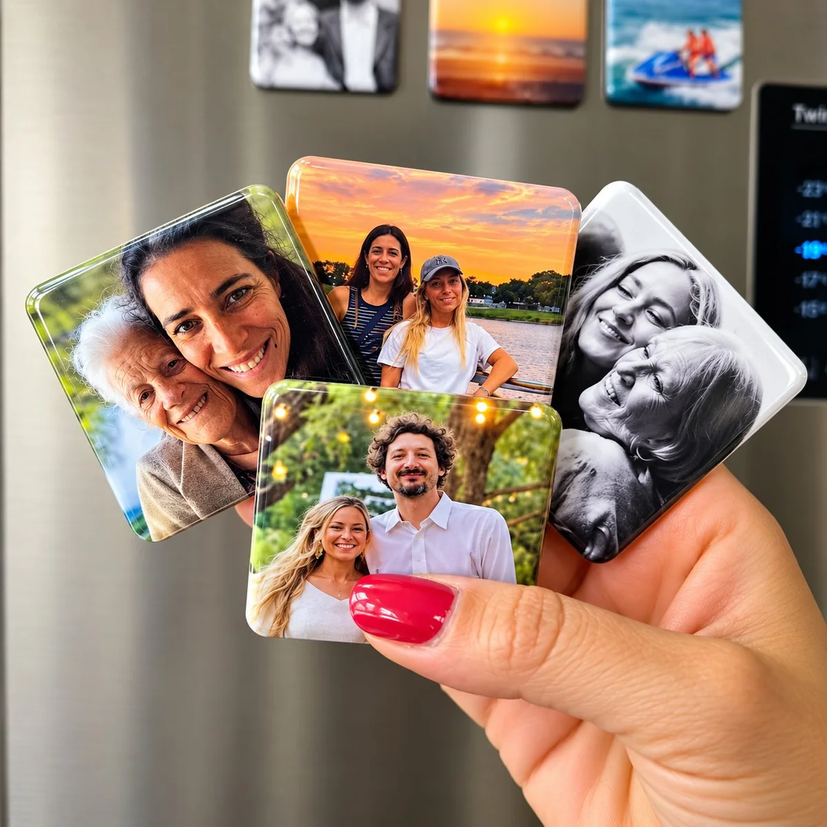 Hand holding four photo fridge magnets with three color and one black and white image against a fridge