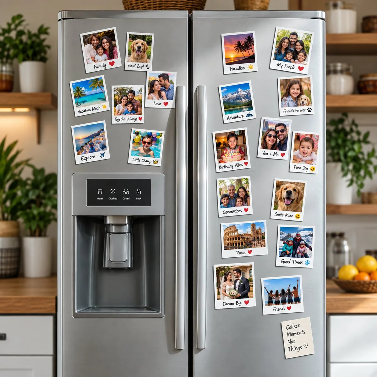 Fridge covered in polaroid-style photo magnets with family, pet, vacation and event captions