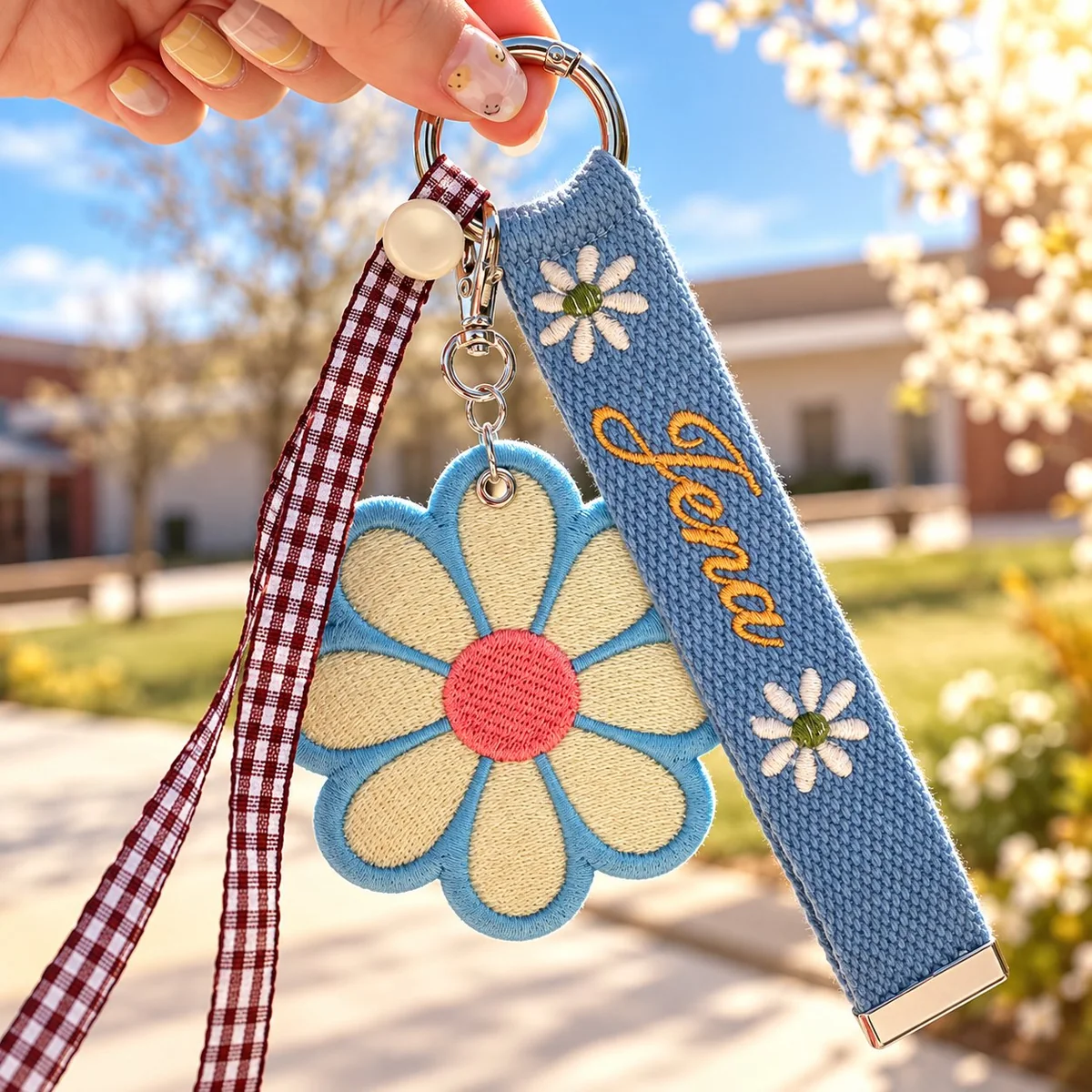 Embroidered daisy-flower fabric keychain — a raised-pile towel-embroidery charm paired with a personalized woven wristband strap.