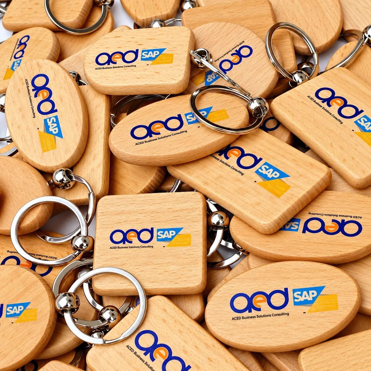 ACED SAP wooden corporate keychains — beech-wood rectangles and rounded shapes printed with the ACED SAP logo and tagline