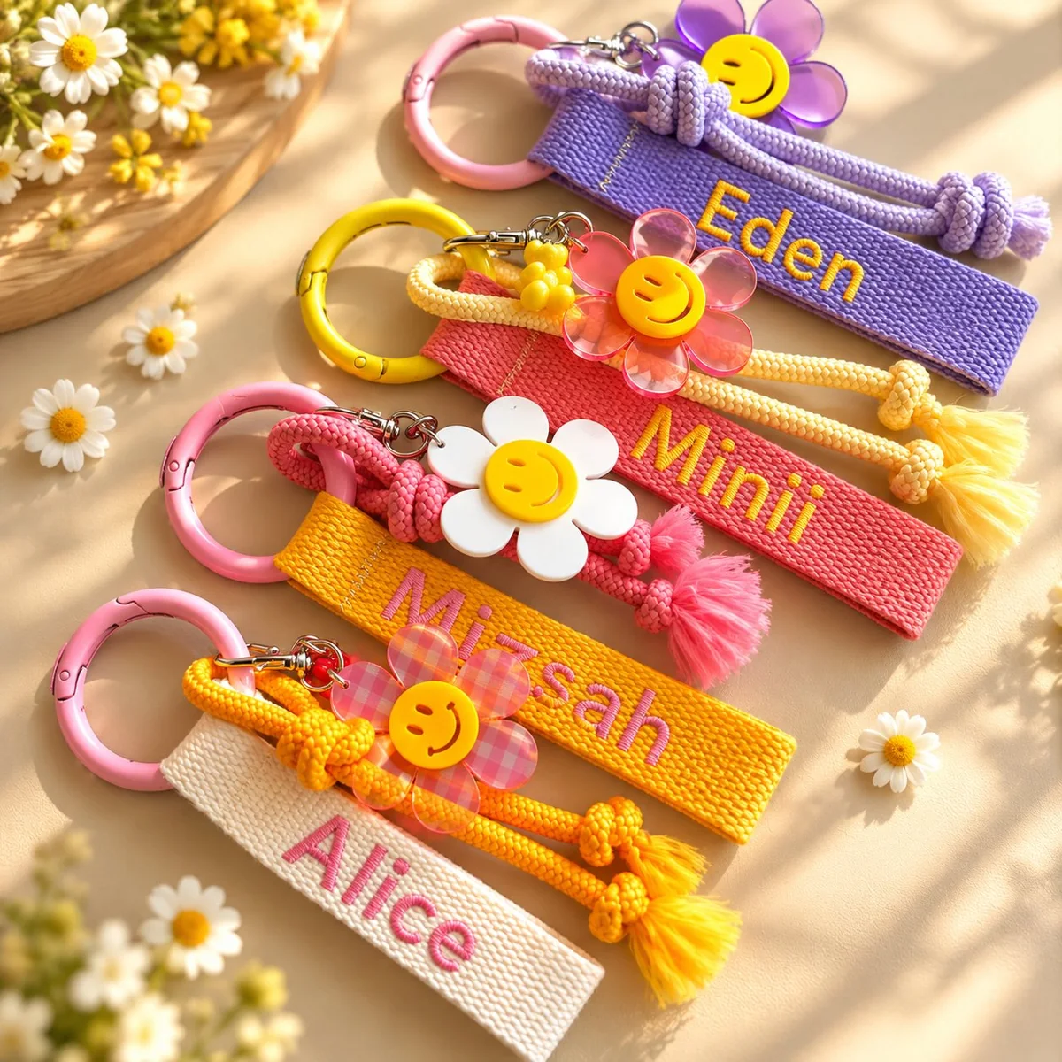 Woven embroidered name keychains — fabric strap keychains with each child's name stitched on