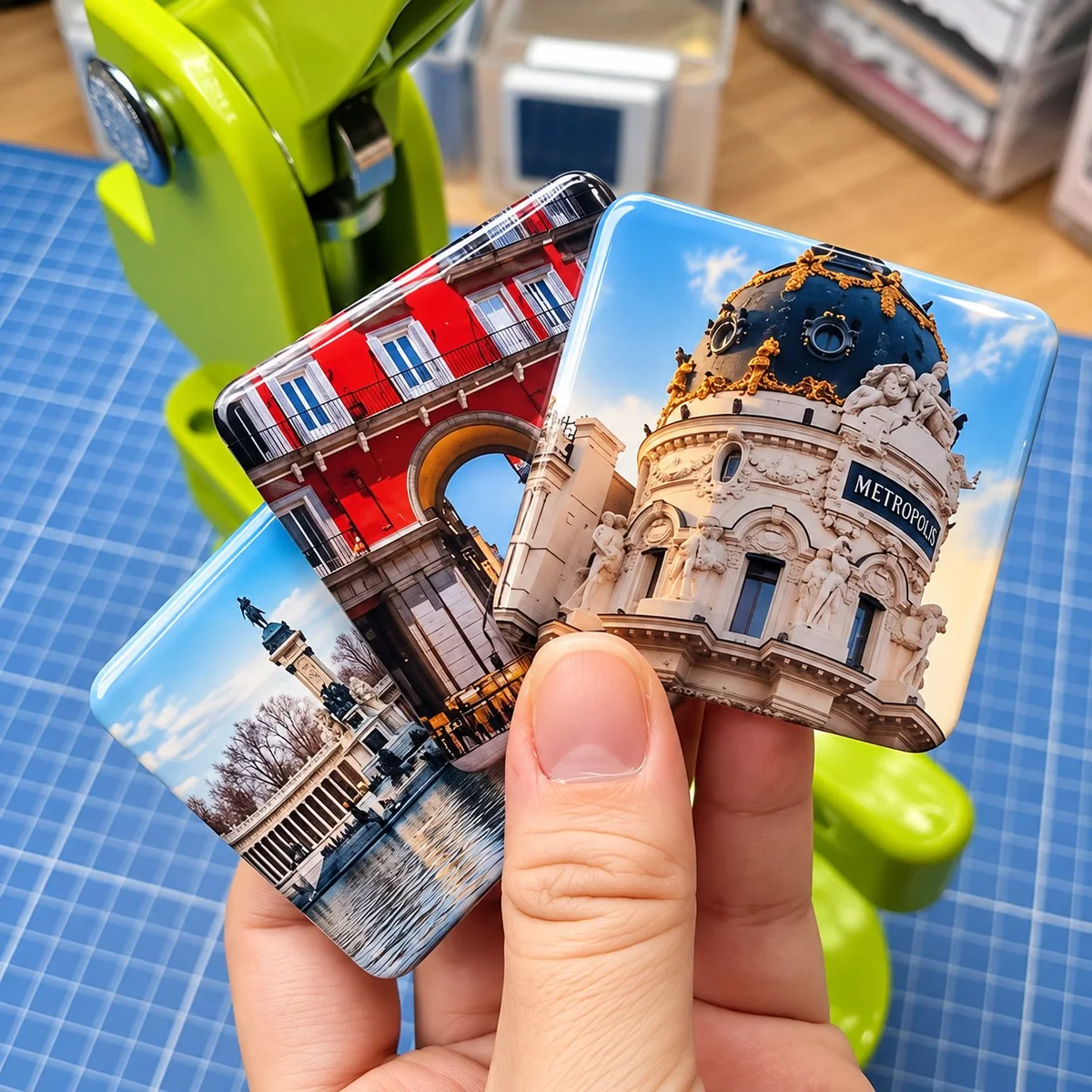 Hand holding two square photo fridge magnets showing cityscape and Metropolis architecture over a die cutter