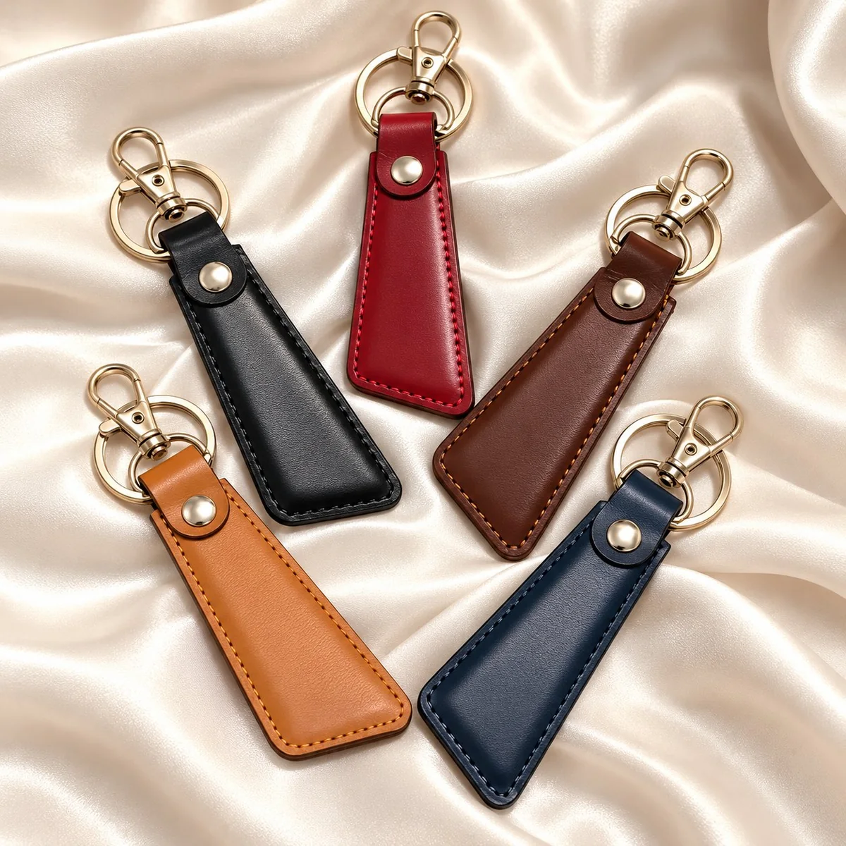 Leather trapezoid keychain set — five stitched fobs in red
