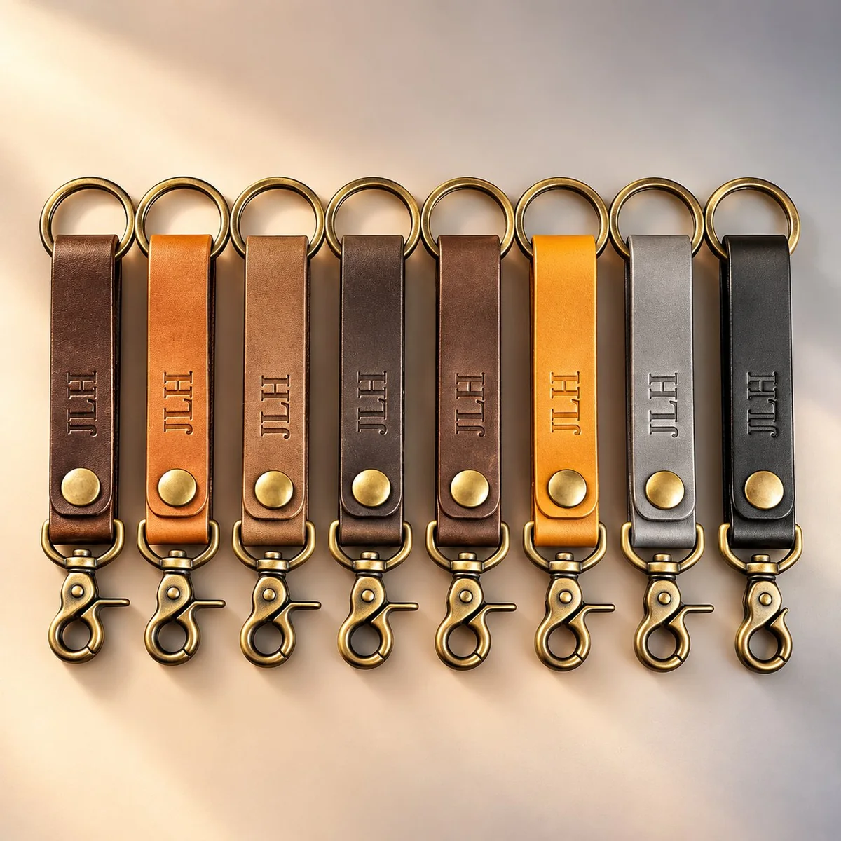 Debossed leather strap keychains — eight earthy colorways
