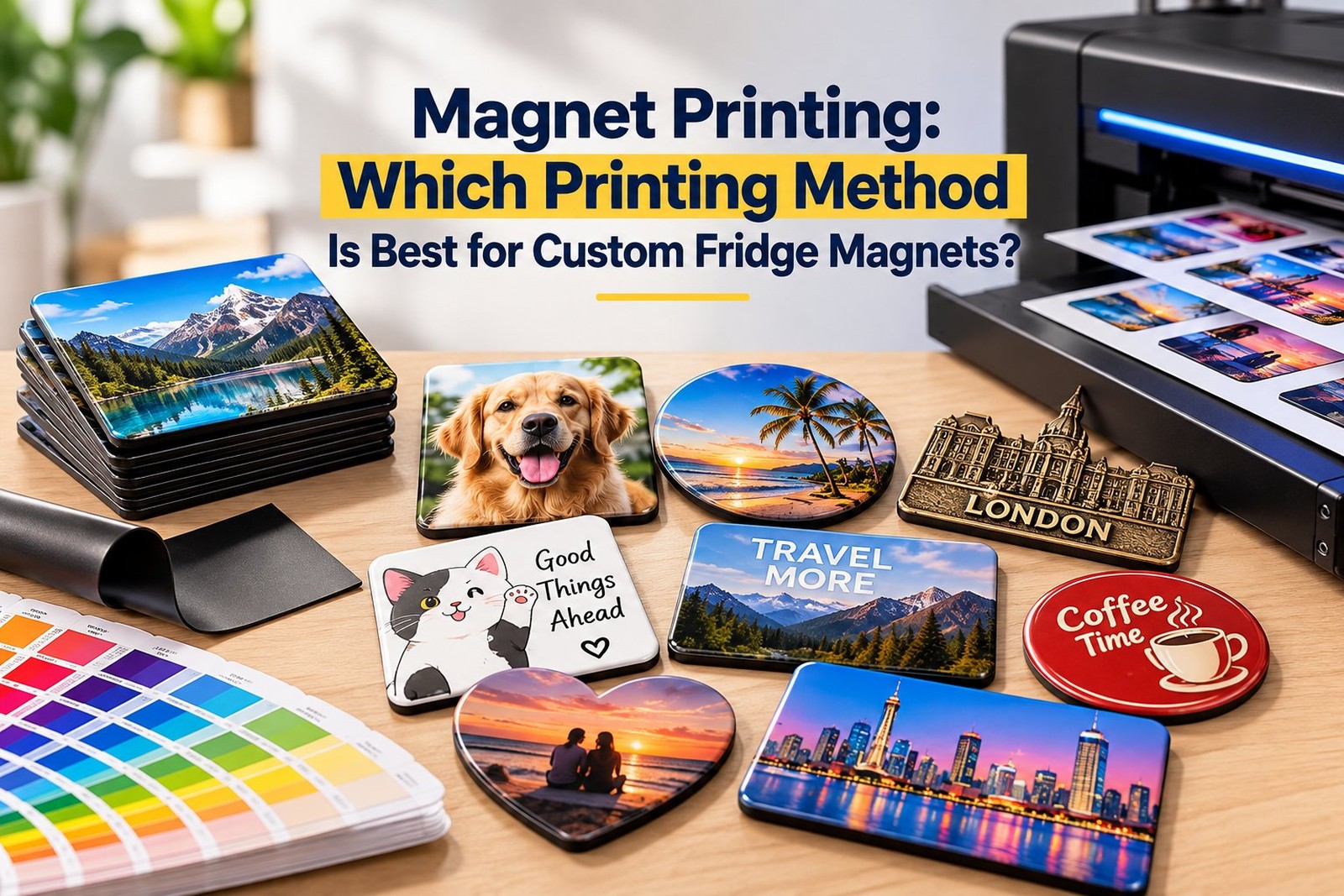 Magnet printing methods showcase: UV printer, color swatches, and finished fridge magnets in different shapes and finishes