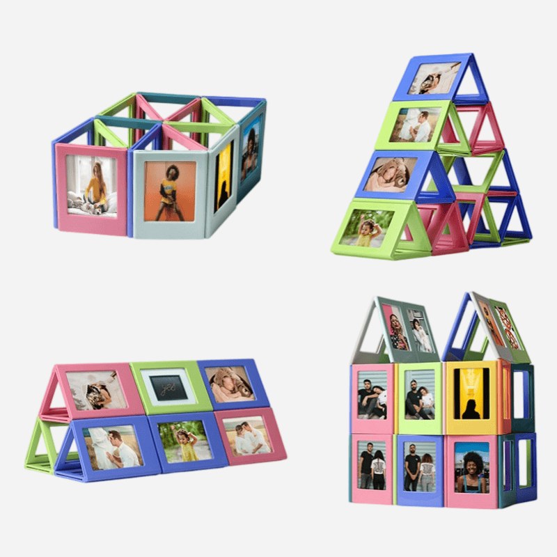 Magnetic picture frames built into a ring, a pyramid and a two-tier block arrangement holding instant photos