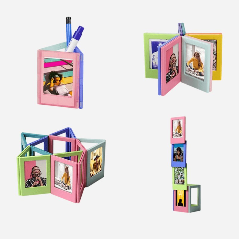 Magnetic picture frames linked along the hinged edge and folded into a cube, a zigzag and a stacked tower