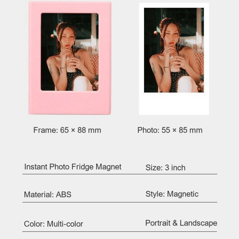 Magnetic picture frame at 65 x 88 mm shown beside the 55 x 85 mm instant photo it takes