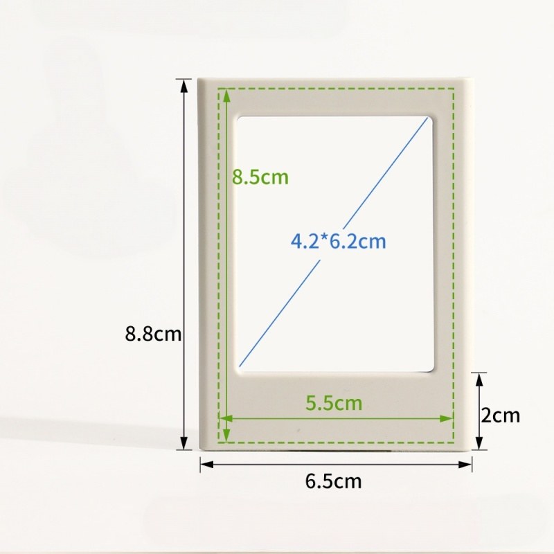 Magnetic picture frame size chart: 65 x 88 mm outer, a 55 x 85 mm photo recess and a 42 x 62 mm window