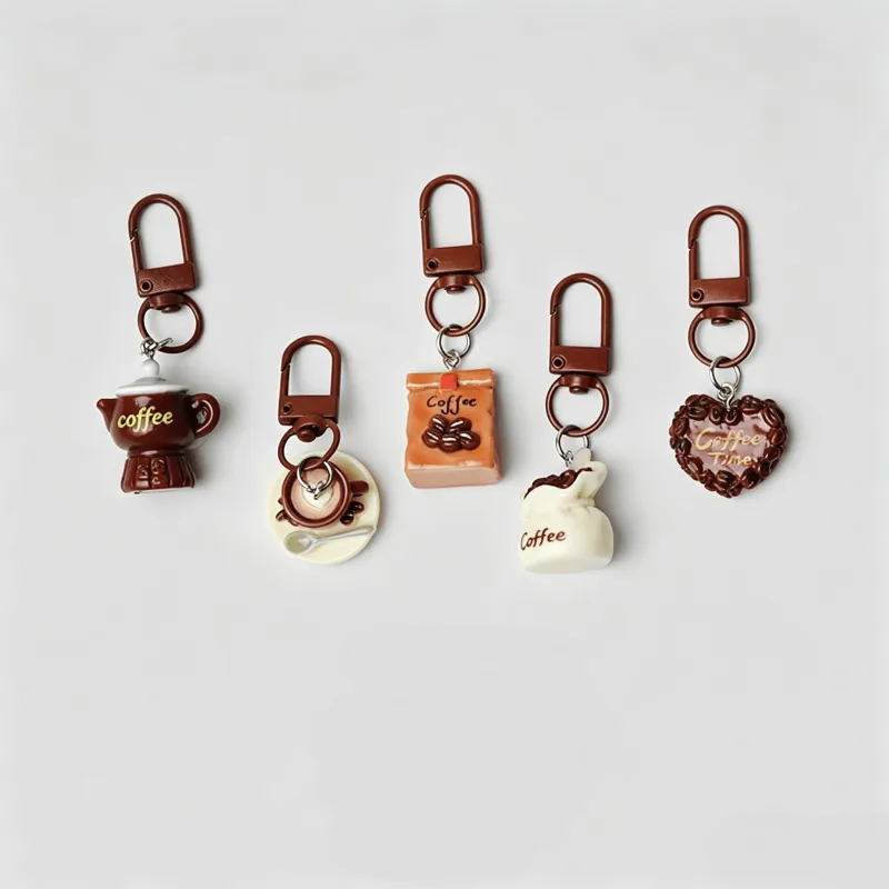 Five-design coffee series keychain set on brown carabiner hardware