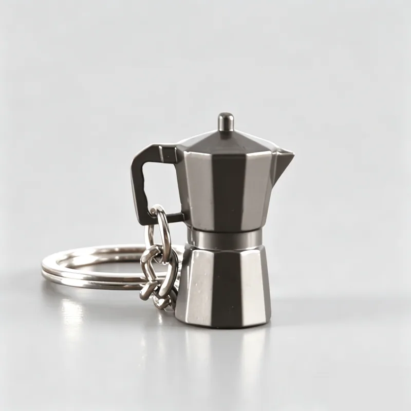 Stainless steel Moka pot coffee maker keychain in gunmetal PVD finish