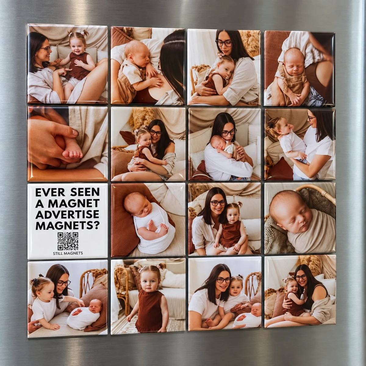4x4 grid of personalized family photo magnets on a refrigerator including pets, kids, and a mock ad tile