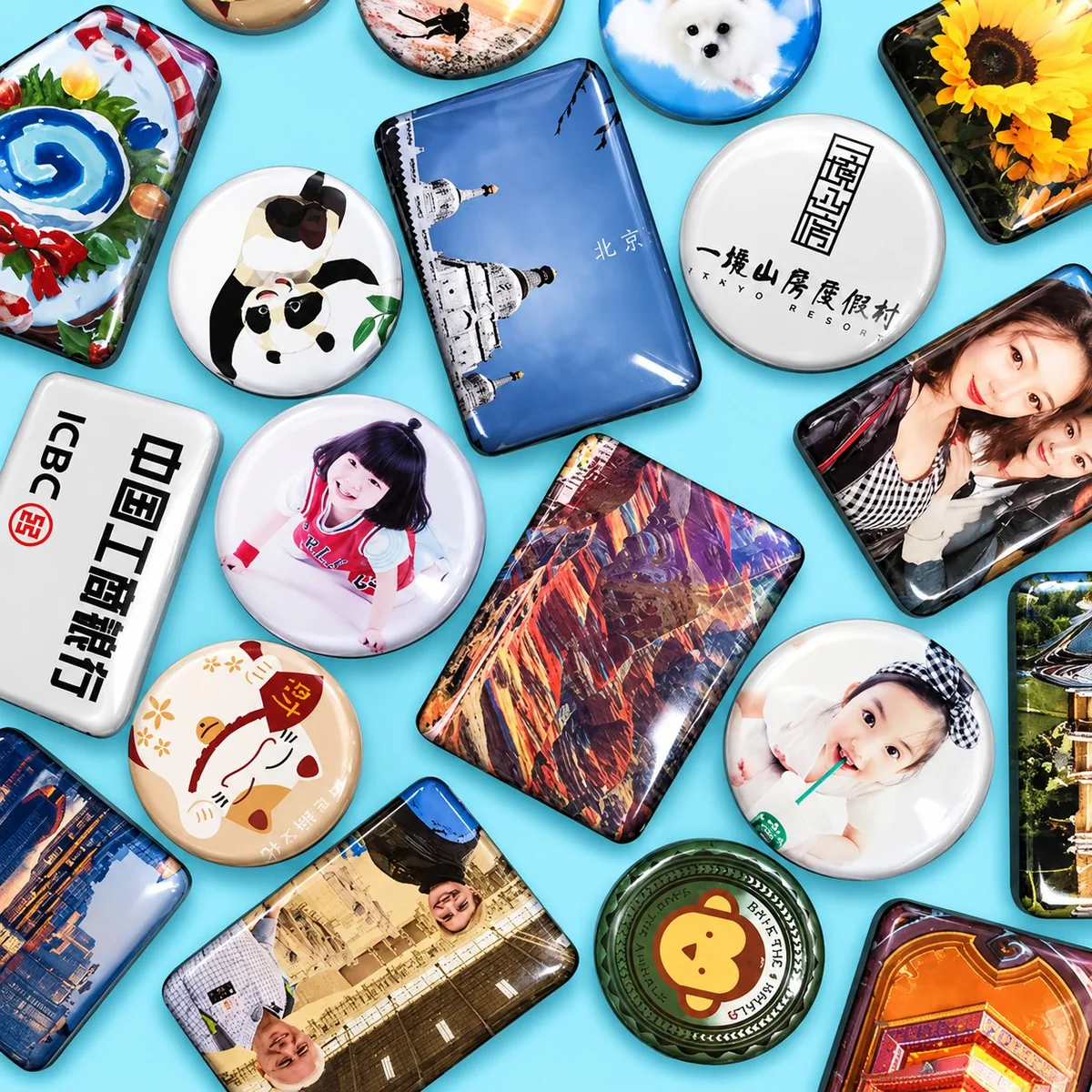 Assortment of fridge magnets in mixed shapes, sizes and design styles showing how size range affects visual layout