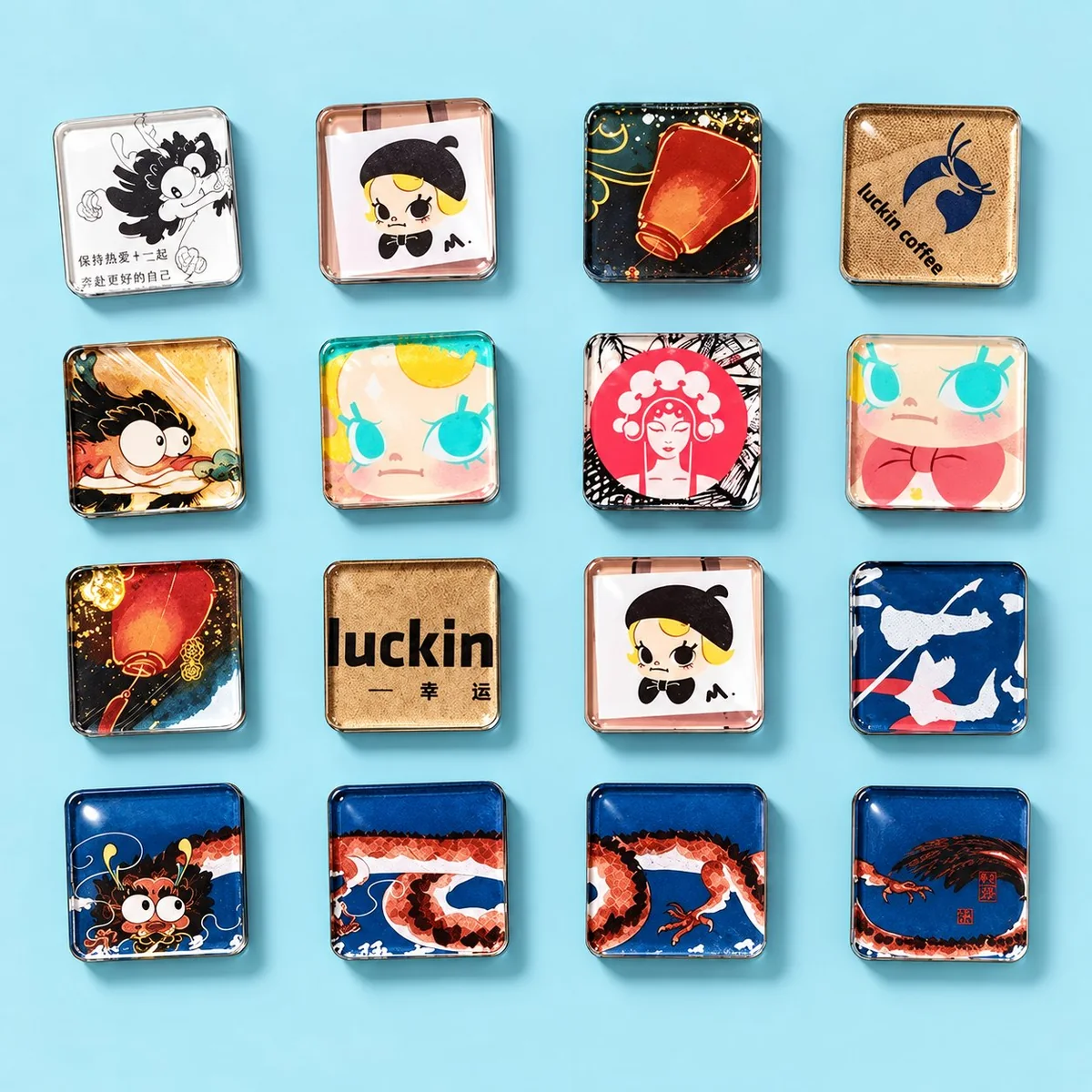 Reference grid of small square fridge magnets illustrating the kind of layout a compact or square size range supports