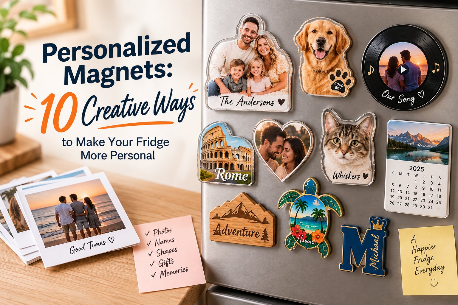 Personalized magnets collage on a fridge including photo, family, NFC, wood and name magnets