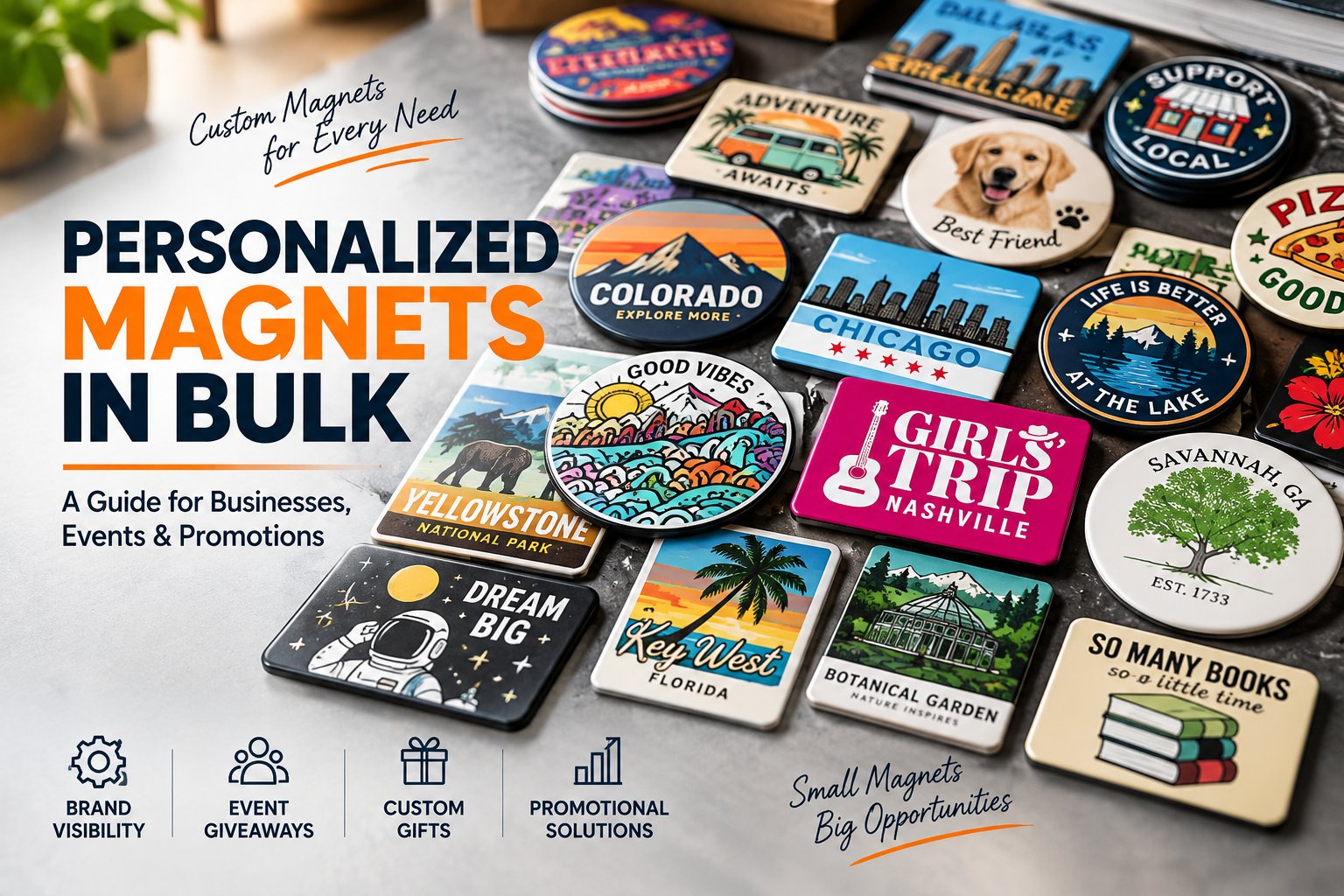 Personalized magnets in bulk for businesses, events and promotions