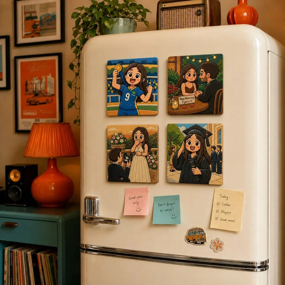 Colorful illustrated character personalized magnets on a cream fridge