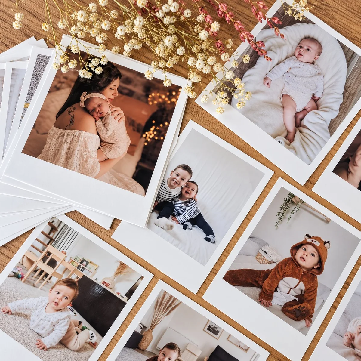 Welcome Baby Harrison Polaroid-style photo print with date and birth stats on wood