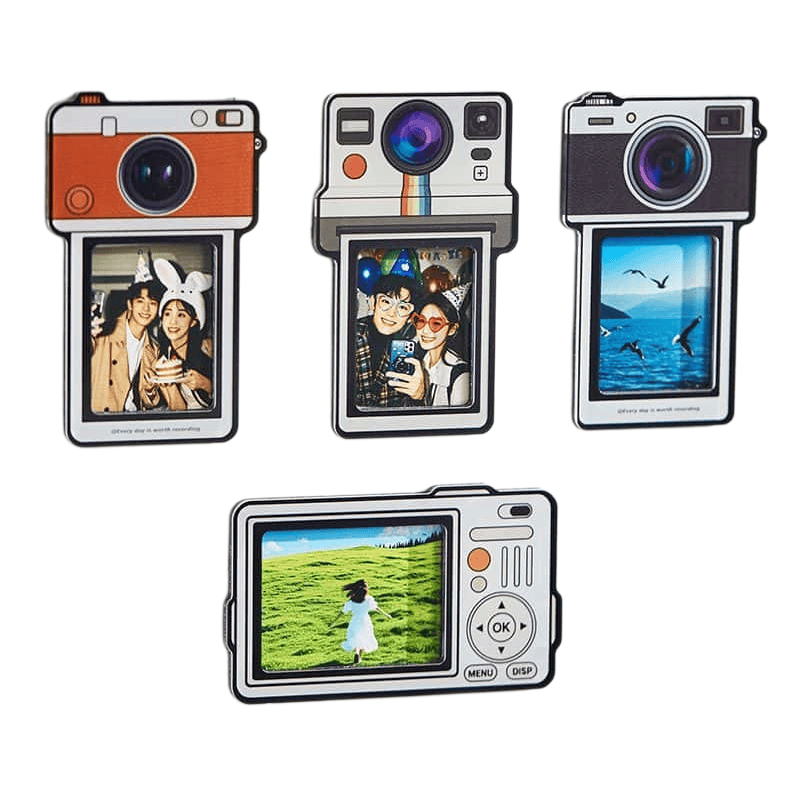 Retro camera shaped fridge photo magnets holding family and travel photos