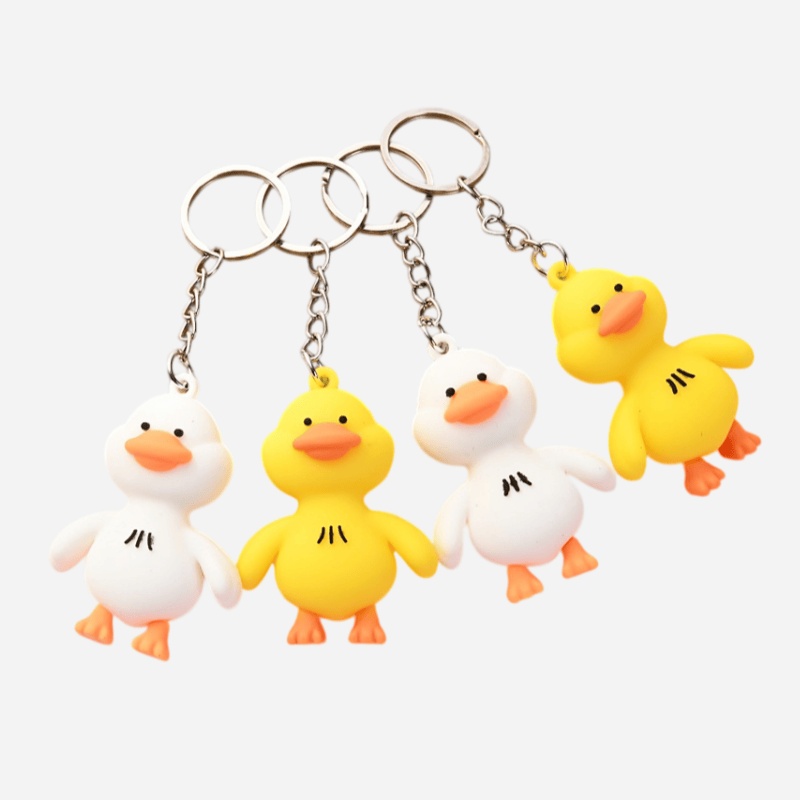 Rubber duck keychain in yellow and white with a metal chain